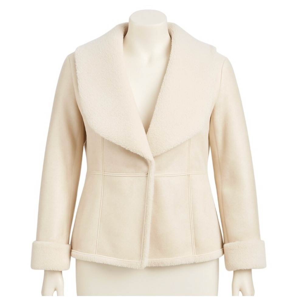 White House Black Market Jacket Women L Neutral Faux Shearling Drape Coat Winter - Picture 1 of 7